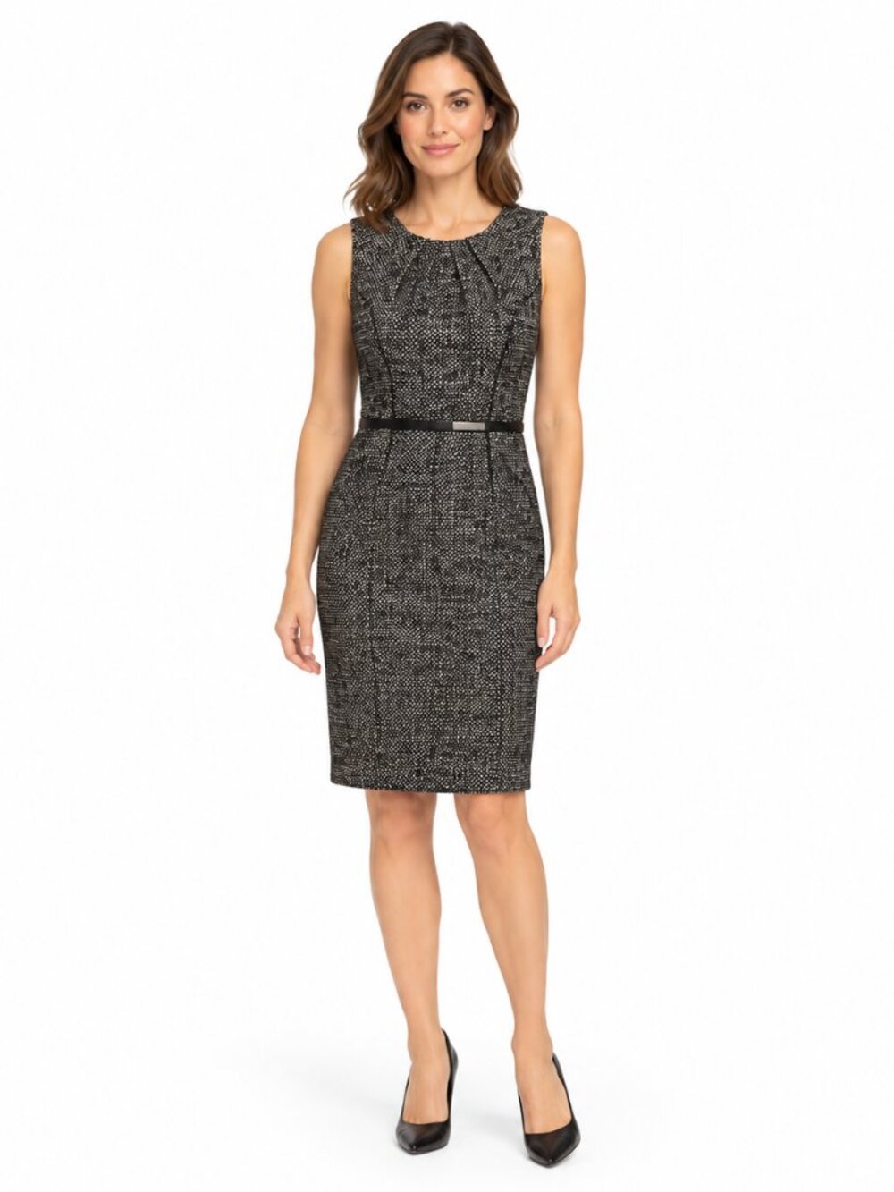 Michael Kors Black Cream Grey Tweed Belted Sheath Dress Office Fall Size 6